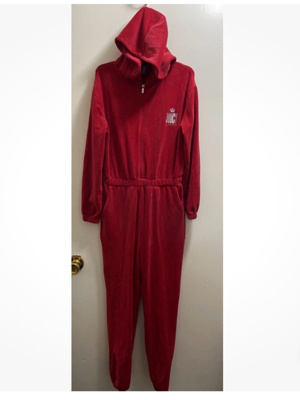 Juicy Couture Red Velour Hooded Jumpsuit